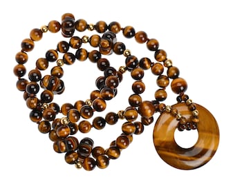 Vintage Tigers Eye Bead Necklace: 14k Gold Spacers, Large Disc Pendant, 1970s Estate