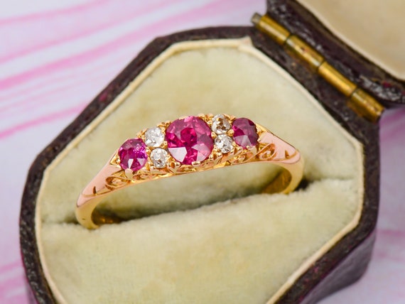 Dated 1898 Ruby Diamond Ring Three Stone Trilogy … - image 3