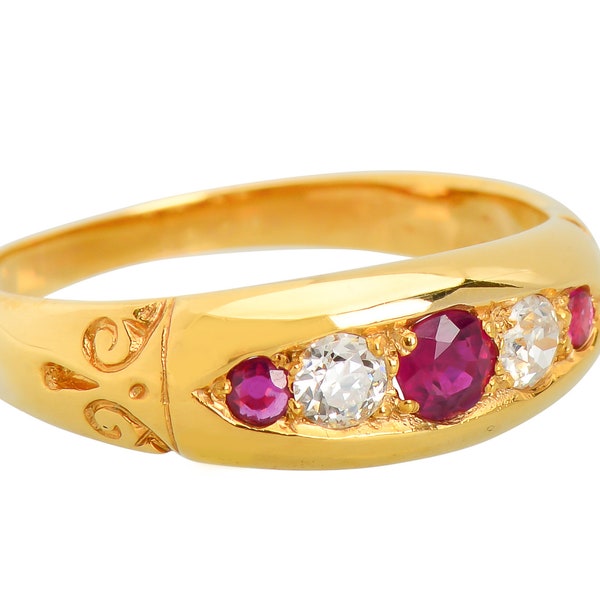 MARKED DOWN! Antique Ruby Diamond Ring Edwardian Gypsy Set c. 1905 Five Stone Ring English 18k Yellow Gold Vintage Estate Engagement Wedding