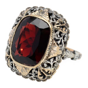 Antique Large Garnet Ring Lacy Setting Cushion Cut Silver & Rose Gold Evocative Statement Ring Vintage Estate Red Wine Color image 1
