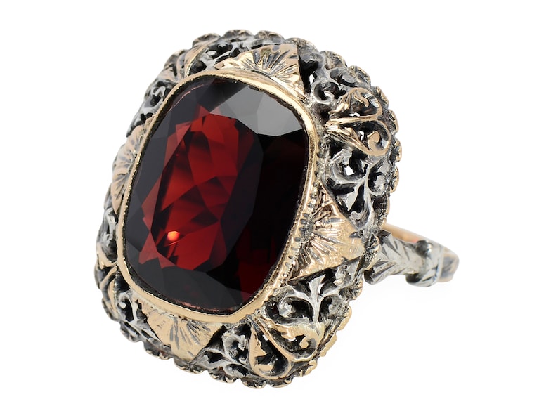 Antique Large Garnet Ring Lacy Setting Cushion Cut Silver & Rose Gold Evocative Statement Ring Vintage Estate Red Wine Color image 1