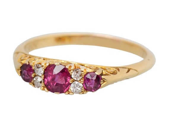 Dated 1898 Ruby Diamond Ring Three Stone Trilogy … - image 2