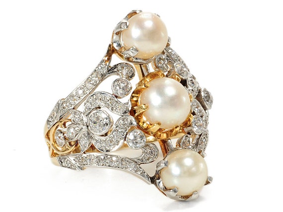 Vintage Elegant Three Cultured Saltwater Pearl Ri… - image 2