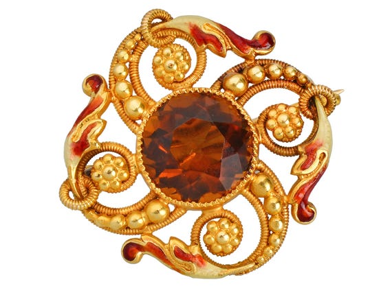 Riker Brothers Enamel & Madeira Citrine Brooch