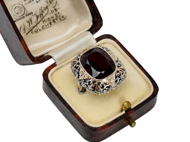 Antique Large Garnet Ring Lacy Setting Cushion Cut Silver & Rose Gold Evocative Statement Ring Vintage Estate Red Wine Color image 6