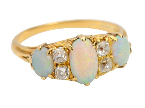 Edwardian Australian Opal Diamond Ring Old Mine C… - image 1