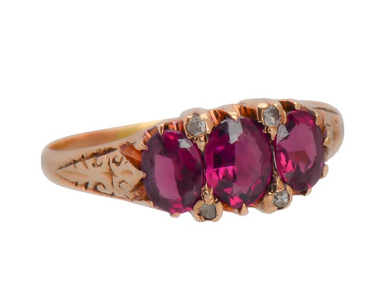 Antique Victorian Three Garnet Ring & Rose Cut Dia