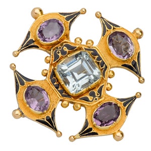 Antique Georgian Aquamarine Amethyst Enamel Brooch 18k Gemstone 19th C. Yellow Gold Vintage Victorian Estate c. 1840-1850 21344 image 1