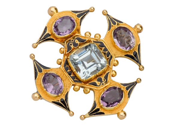 Antique Georgian Aquamarine Amethyst Enamel Brooc… - image 1