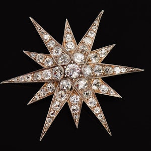 Victorian Diamond Star Brooch Pendant: 5.55 Carat Old Mine Cuts, 14k Gold & Silver