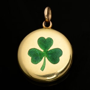 Antique Enamel Green Lucky Three Leaf Clover Vintage Locket Round Pendant Necklace Two Photo c. 1900 18k Yellow Gold Estate Vintage | 21986