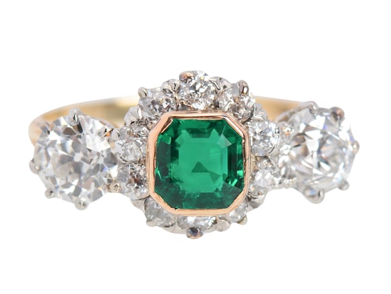 Colombian Emerald Diamond Ring 14k Yellow Gold Ol… - image 1