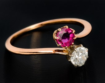 Antique Ring with a Secret  Ruby and Diamond Moi et Toi Me and You Bypass Ring Engagement Wedding Vintage Rose Gold Gemstone | 21853