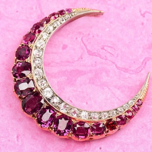 Resplendent Antique Natural Ruby Diamond Crescent Moon Brooch Pendant Victorian Vintage Authentic c. 1880s