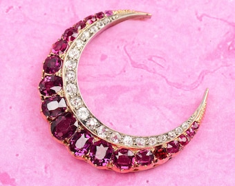 Resplendent Antique Natural Ruby Diamond Crescent Moon Brooch Pendant Victorian Vintage Authentic c. 1880s
