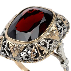 Antique Large Garnet Ring Lacy Setting Cushion Cut Silver & Rose Gold Evocative Statement Ring Vintage Estate Red Wine Color image 3
