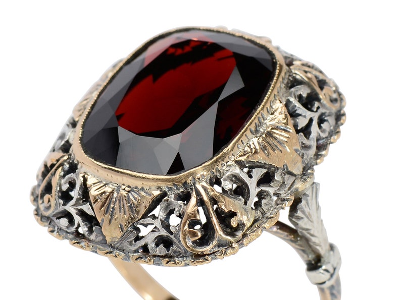 Antique Large Garnet Ring Lacy Setting Cushion Cut Silver & Rose Gold Evocative Statement Ring Vintage Estate Red Wine Color image 3