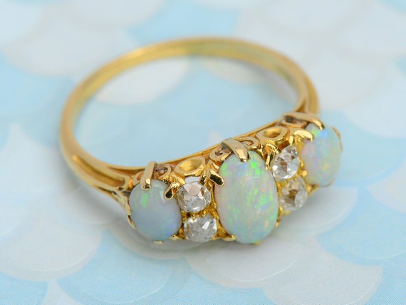 Edwardian Australian Opal Diamond Ring Old Mine C… - image 6