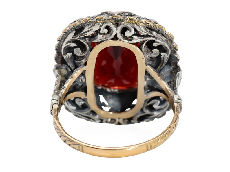 Antique Large Garnet Ring Lacy Setting Cushion Cut Silver & Rose Gold Evocative Statement Ring Vintage Estate Red Wine Color image 10