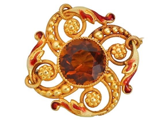 Riker Brothers Enamel & Madeira Citrine Brooch