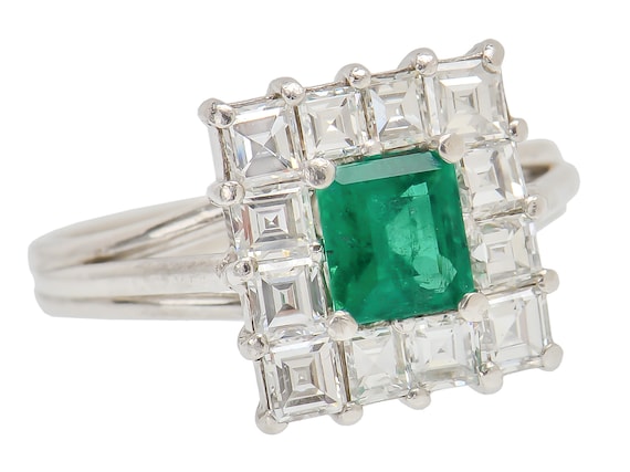 Vintage Emerald Diamond Ring Square Cut Halo Ring