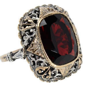 Antique Large Garnet Ring Lacy Setting Cushion Cut Silver & Rose Gold Evocative Statement Ring Vintage Estate Red Wine Color image 8