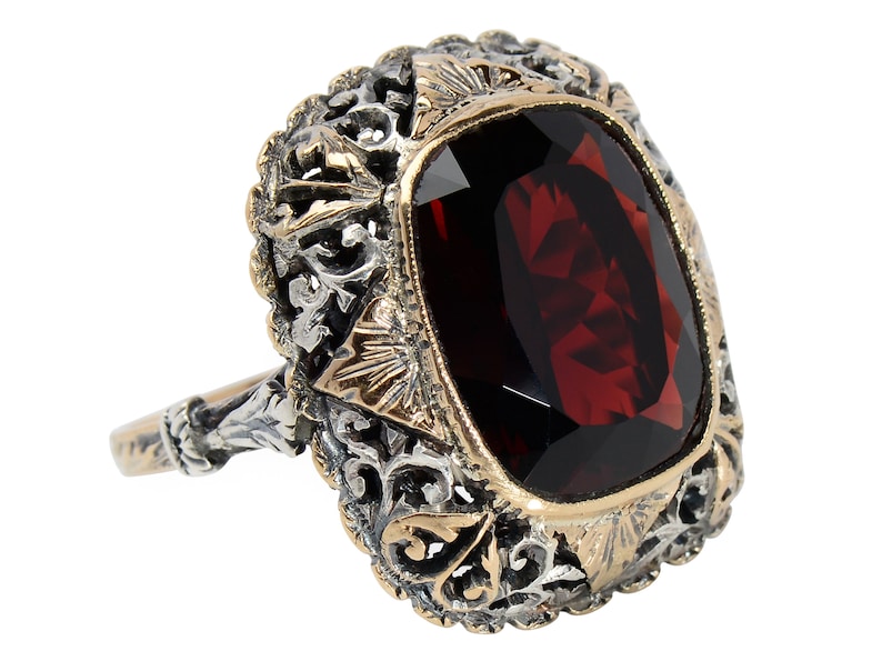 Antique Large Garnet Ring Lacy Setting Cushion Cut Silver & Rose Gold Evocative Statement Ring Vintage Estate Red Wine Color image 8