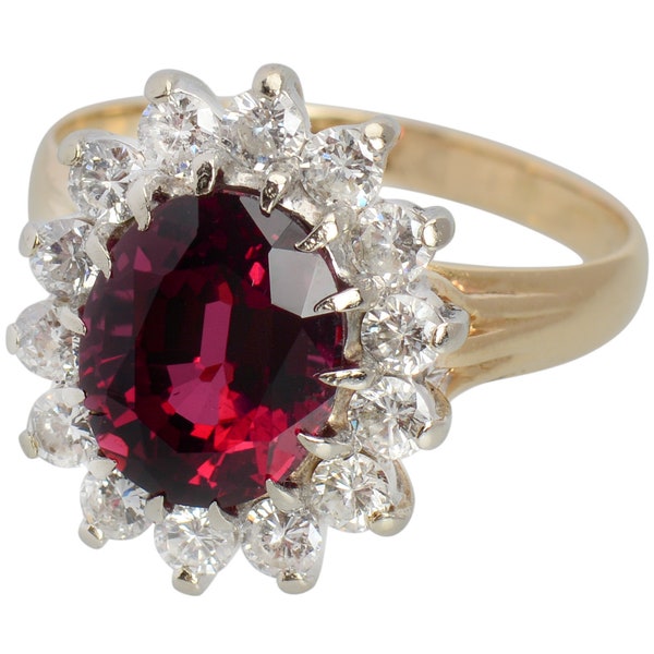 Bague vintage en rhodolite Ritz avec grenat 4 carats et diamants de 1,40 C. Bague halo en or 14 carats, bord festonné MCM, bouchon de présentation !