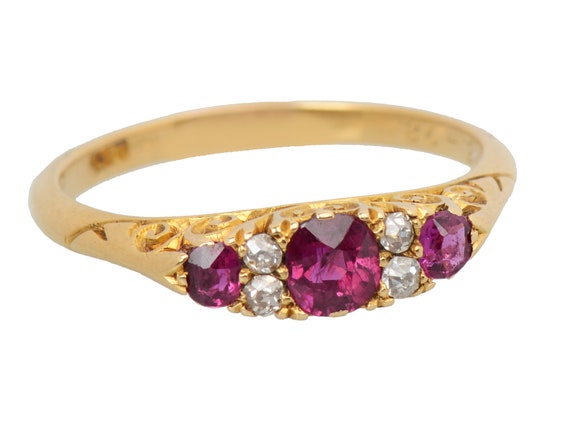 Dated 1898 Ruby Diamond Ring Three Stone Trilogy … - image 1