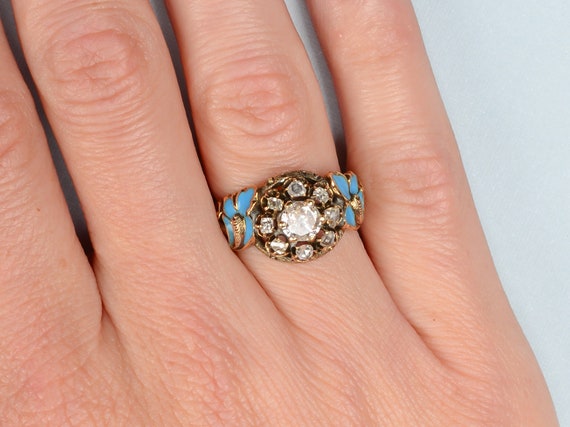 Antique Victorian Ring Turquoise Blue Enamel Diam… - image 4