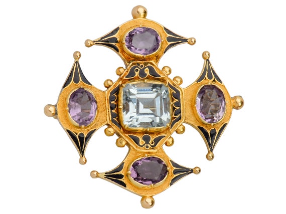 Antique Georgian Aquamarine Amethyst Enamel Brooc… - image 2