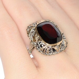 Antique Large Garnet Ring Lacy Setting Cushion Cut Silver & Rose Gold Evocative Statement Ring Vintage Estate Red Wine Color image 4