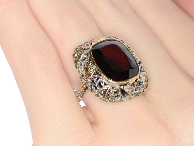 Antique Large Garnet Ring Lacy Setting Cushion Cut Silver & Rose Gold Evocative Statement Ring Vintage Estate Red Wine Color image 4