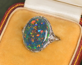 MARKED DOWN! Rare Art Deco Black Australian Opal Platinum Diamond Ring Magnificent Antique Black Opal 6.75 Carats Vintage Ring