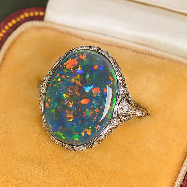 MARKED DOWN! Rare Art Deco Black Australian Opal Platinum Diamond Ring Magnificent Antique Black Opal 6.75 Carats Vintage Ring