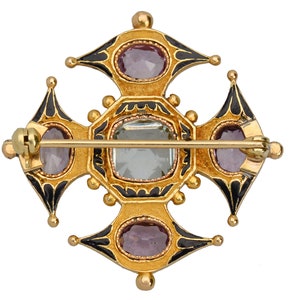 Antique Georgian Aquamarine Amethyst Enamel Brooch 18k Gemstone 19th C. Yellow Gold Vintage Victorian Estate c. 1840-1850 21344 image 6