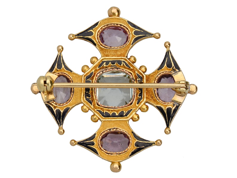 Antique Georgian Aquamarine Amethyst Enamel Brooch 18k Gemstone 19th C. Yellow Gold Vintage Victorian Estate c. 1840-1850 21344 image 6