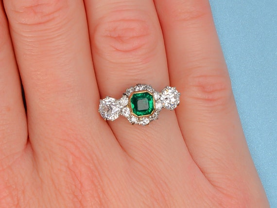 Colombian Emerald Diamond Ring 14k Yellow Gold Ol… - image 4