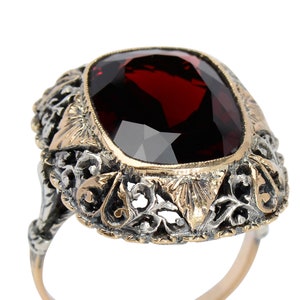 Antique Large Garnet Ring Lacy Setting Cushion Cut Silver & Rose Gold Evocative Statement Ring Vintage Estate Red Wine Color image 9