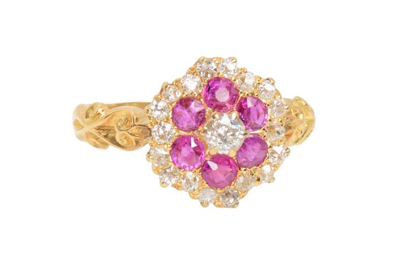 Antique Ruby Diamond Scalloped Ring - image 1