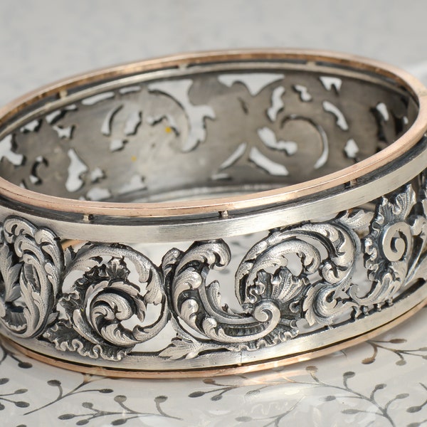 Spectacular Antique Renaissance Revival Art Nouveau French Silver Bracelet Bangle Rose Gold Curving Floral Leaf Motif Hinged Vintage Estate