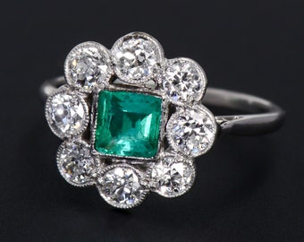 Vintage Art Deco Colombian Emerald Diamond Halo Platinum Ring, c. 1925