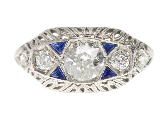 Art Deco 1.40 Carat Three Diamond Platinum Sapphi… - image 7