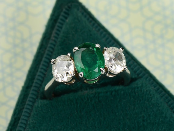 Vintage Emerald Diamond Trilogy Three Stone Anniv… - image 3