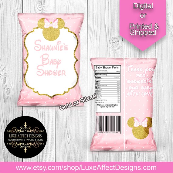 Minnie Mouse Favor Bags, Pink and Gold Chip Bags, Pink and Silver, Baby Shower, Minnie Mouse Party, Digital Printable Minnie Chip Bags, Il_570xn