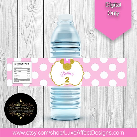 Pink and Gold Minnie Water Bottle, Water Bottle Labels, Minnie Mouse, Pink, Gold, Minnie Mouse Treats, Minnie Mouse Favors Il_570xn