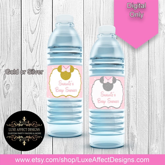 Pink and Gold Minnie Water Bottle, Pink and Silver, Water Bottle Labels, Minnie Mouse, Pink, Gold, Minnie Mouse Treats, Minnie Mouse Favors Il_570xn