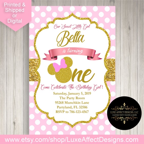 Minnie Mouse Invitation, Pink and Gold, Minnie Birthday Party, Minnie Party Favors, Minnie Mouse, Minnie Mouse Invites, Printed, Digital Il_570xn