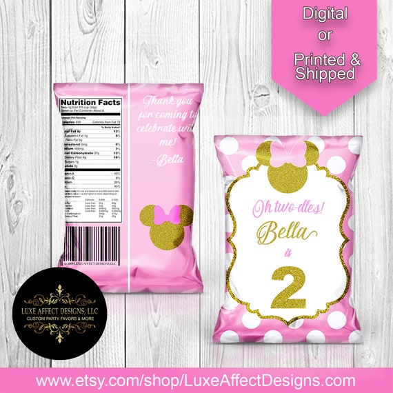 Minnie Mouse Favor Bags, Pink and Gold Custom Chip Bags, Minnie Mouse Birthday, Minnie Mouse Party, Digital Printable Minnie Chip Bags Il_570xn