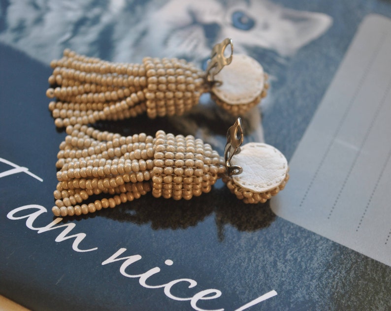 Long beige beaded tassel clip,Oscar de la Renta Long earrings Short tassel,long beaded tassel,SILVER stud 925,beaded tassel earrings
